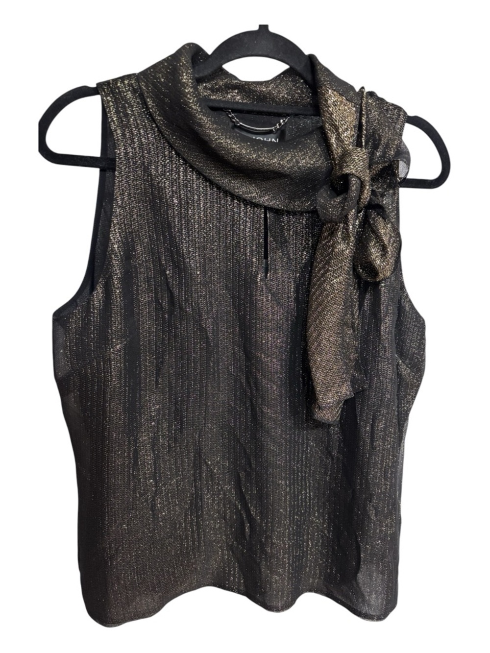 NWT St John Couture Metallic Black & Gold Sleeveless Tie-Neck Key Hole Top Sz 12